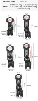 WEST BIKING Adjustable Angle Stem sizes