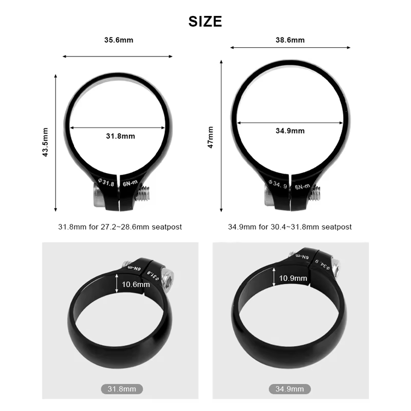 Sizes of RIDERACE Bolt-On Bicycle Seat Post Clamp